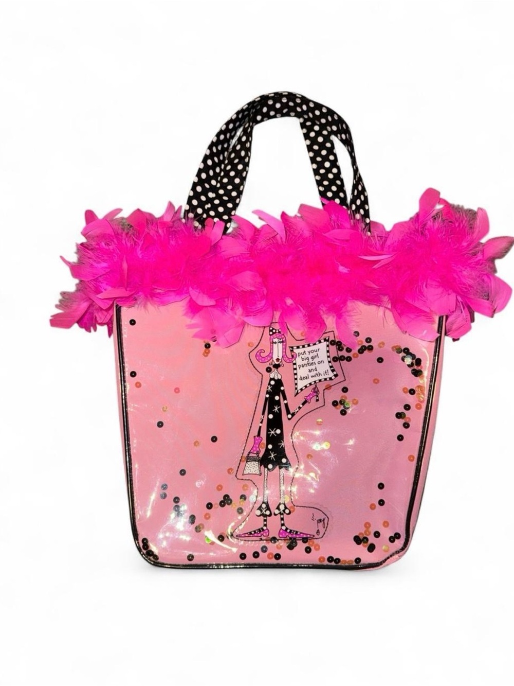 Hot Pink Vintage Y2K Feather-Trim Tote Bag with Polka Dot Handles by Dolly Mama